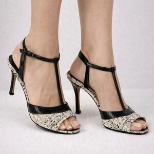 Manolo Blahnik T-Strap Heels – Black Leather & Tweed – Size 39½